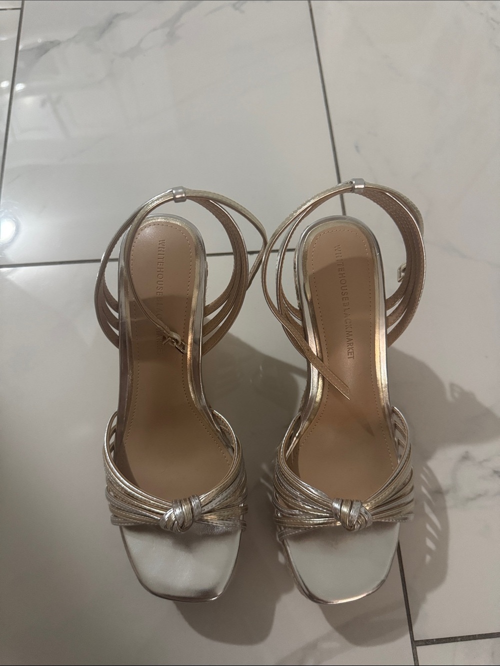 White House Black Market Metallic silver Knot Heels